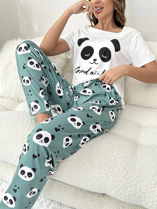 Panda & Slogan Graphic Tee & Pants PJ Set