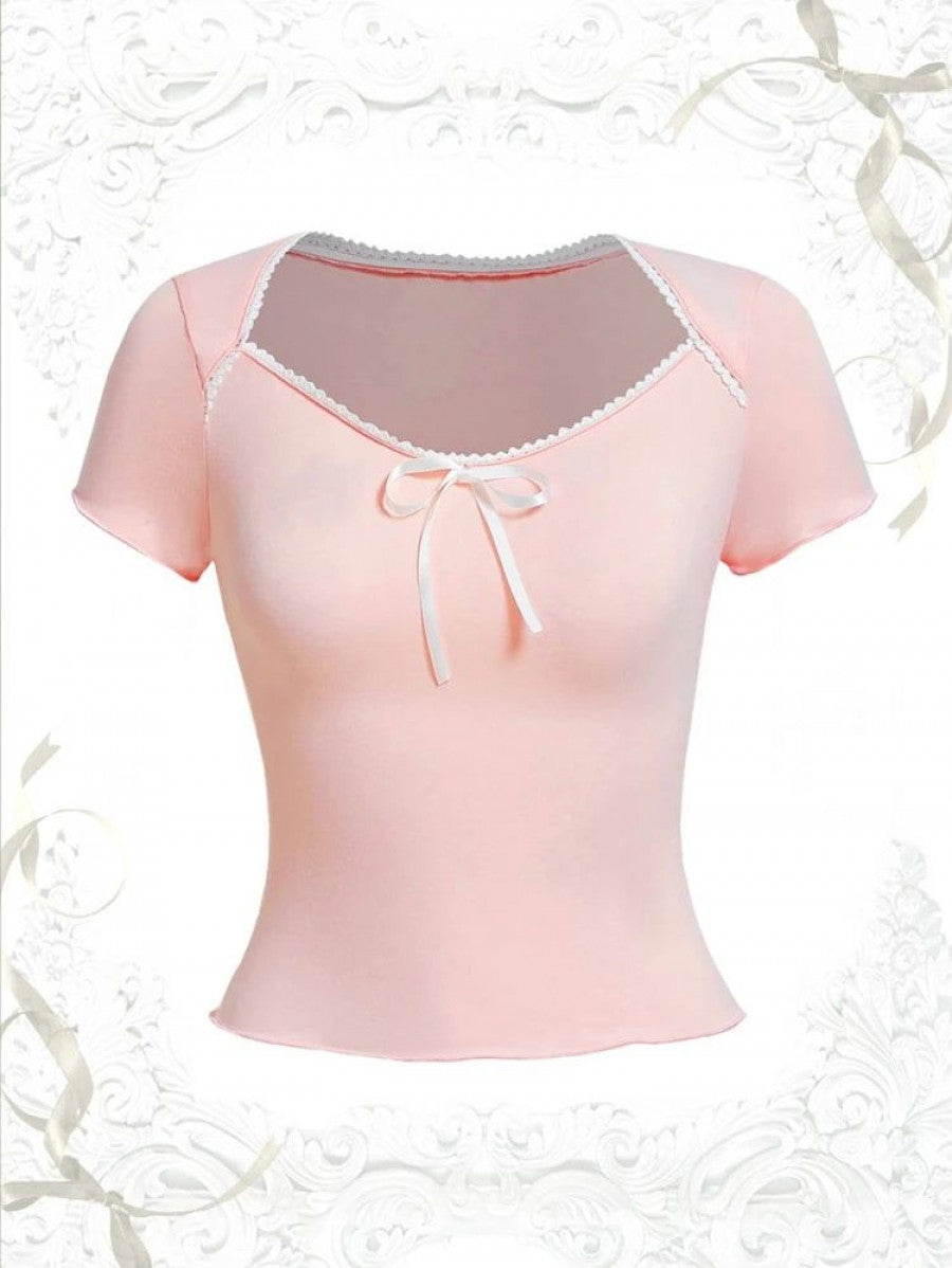 ROMWE Sweetness Contrast Binding Tie Front Tee