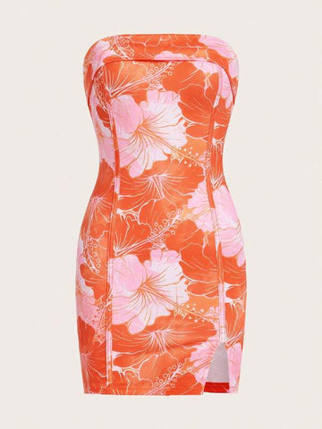 ICON Floral Print Split Hem Tube Bodycon Dress