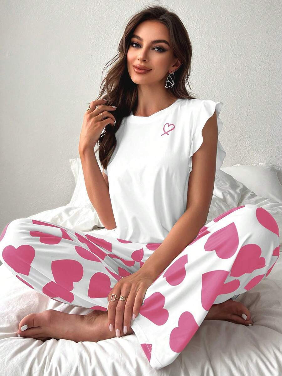 Heart Print Ruffle Trim PJ Set