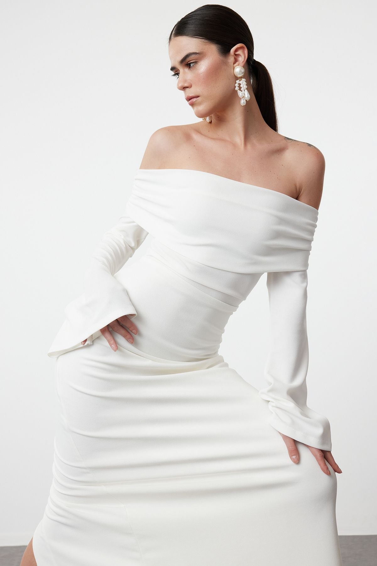 White Carmen Neckline Knitted Long Stylish Evening Dress