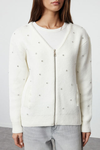 Soft Textured Ecru Knitwear Cardigan - Stone Embroidered Jacket