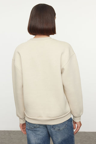 Stone Color Embroidered Fleece Thick Lining Sweatshirt