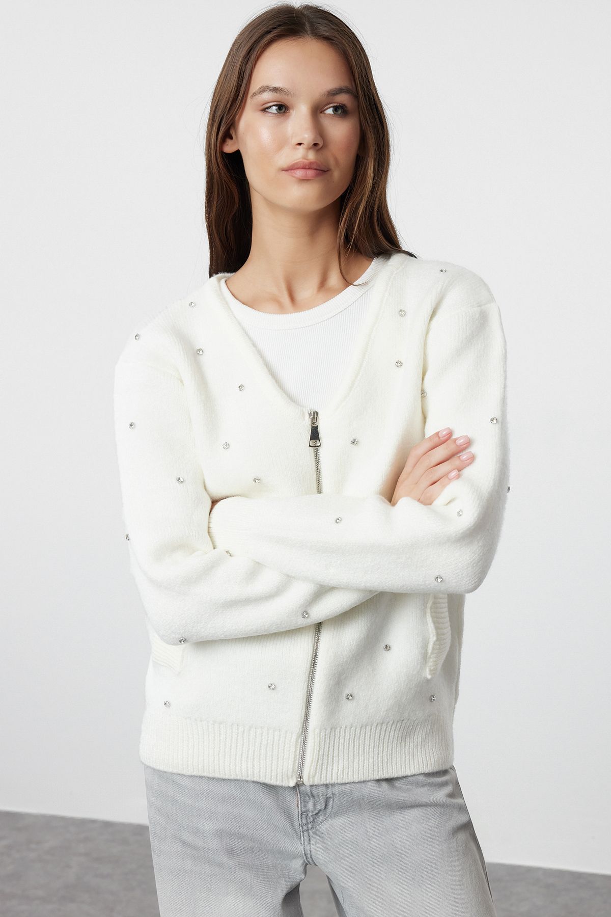 Soft Textured Ecru Knitwear Cardigan - Stone Embroidered Jacket