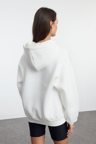 Embroidered Ecru Fleece Oversize Sweatshirt