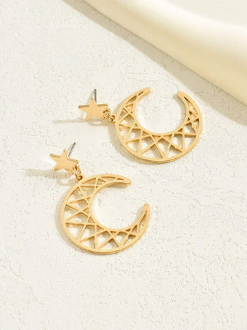 1pair Exquisite & Stylish Hollow Out Crescent Moon Shaped Lady's Earrings With Minimalist Creative Design