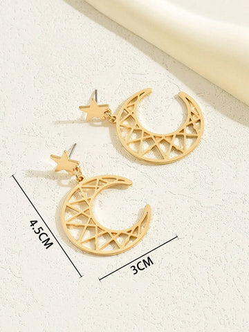 1pair Exquisite & Stylish Hollow Out Crescent Moon Shaped Lady's Earrings With Minimalist Creative Design