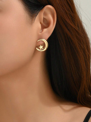 1pair Exquisite & Stylish Hollow Out Crescent Moon Shaped Lady's Earrings With Minimalist Creative Design