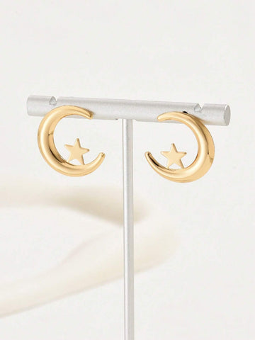 1pair Exquisite & Stylish Hollow Out Crescent Moon Shaped Lady's Earrings With Minimalist Creative Design