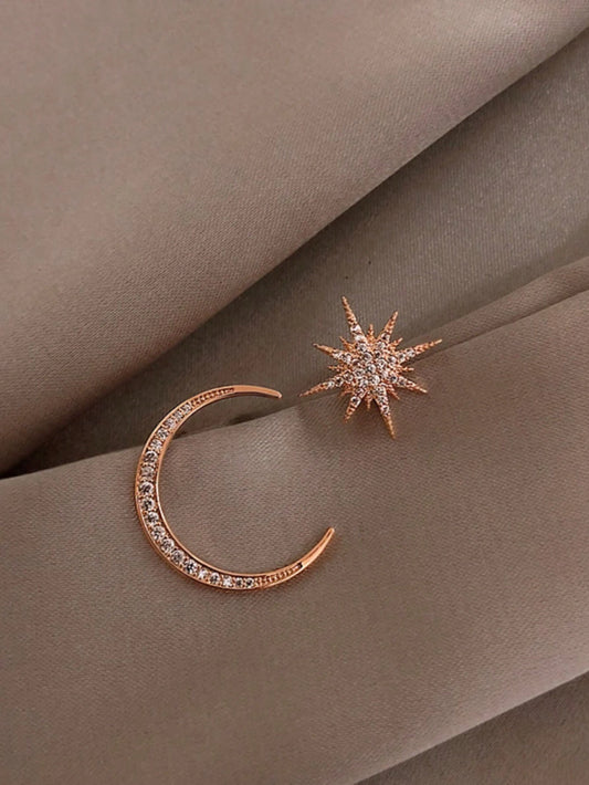 1pair Fashionable Asymmetrical Rhinestone Star Moon Stud Earrings