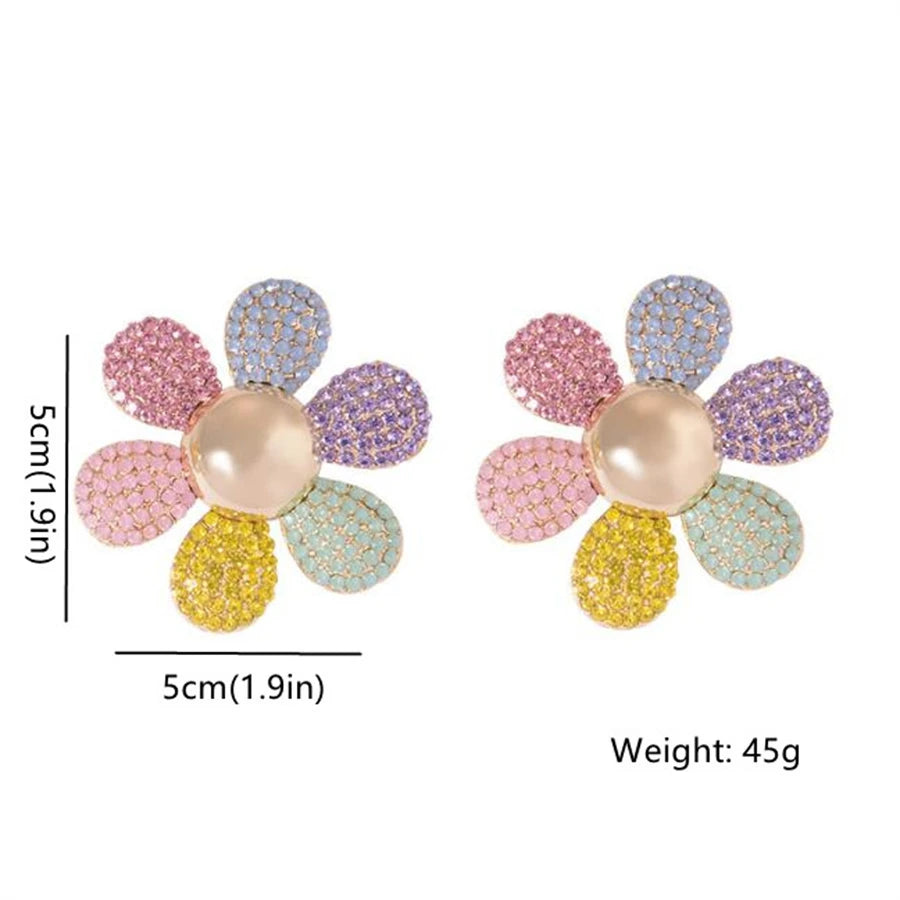 1pair Large Artificial Crystal Flower Shaped Colorful Drop Earrings