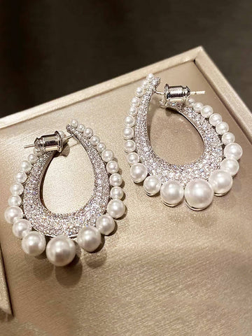 1pair Luxurious Faux Pearl & Cubic Zirconia Full Circle Statement Earrings