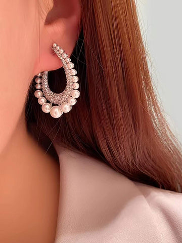 1pair Luxurious Faux Pearl & Cubic Zirconia Full Circle Statement Earrings