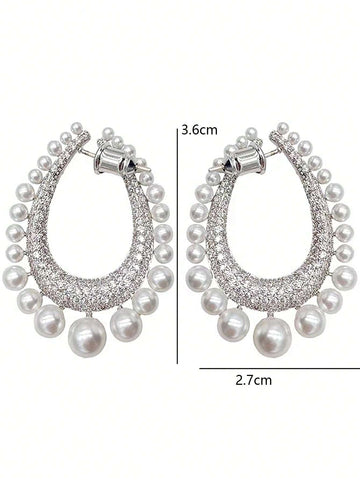 1pair Luxurious Faux Pearl & Cubic Zirconia Full Circle Statement Earrings