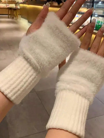 1pair Mink Fleece Soft Winter Half Finger Gloves