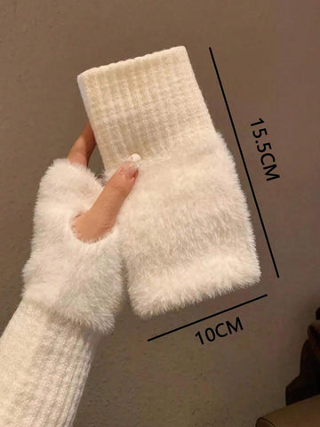 1pair Mink Fleece Soft Winter Half Finger Gloves