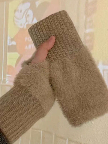 1pair Mink Fleece Soft Winter Half Finger Gloves