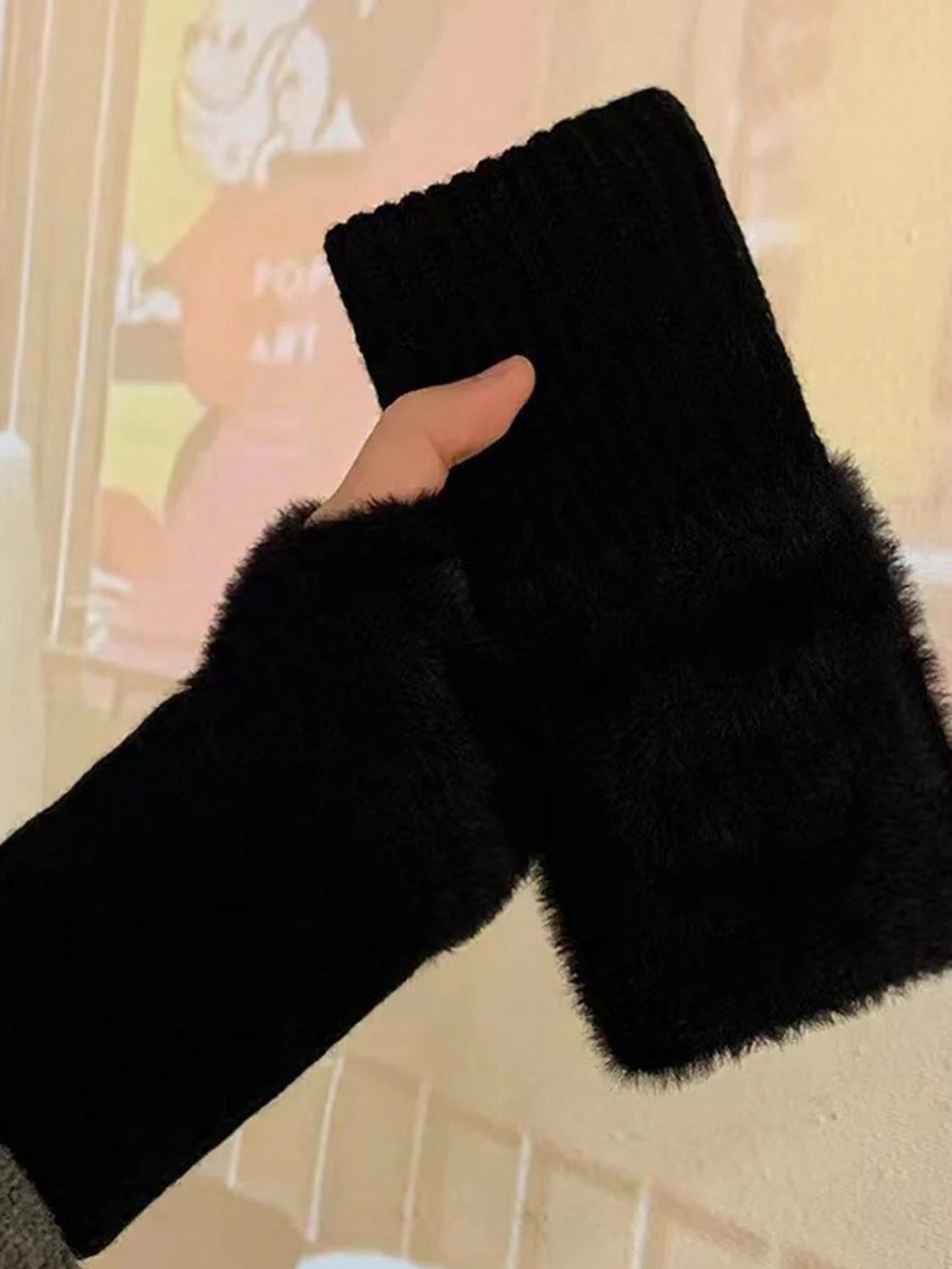 1pair Mink Fleece Soft Winter Half Finger Gloves