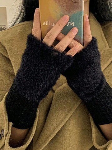 1pair Mink Fleece Soft Winter Half Finger Gloves