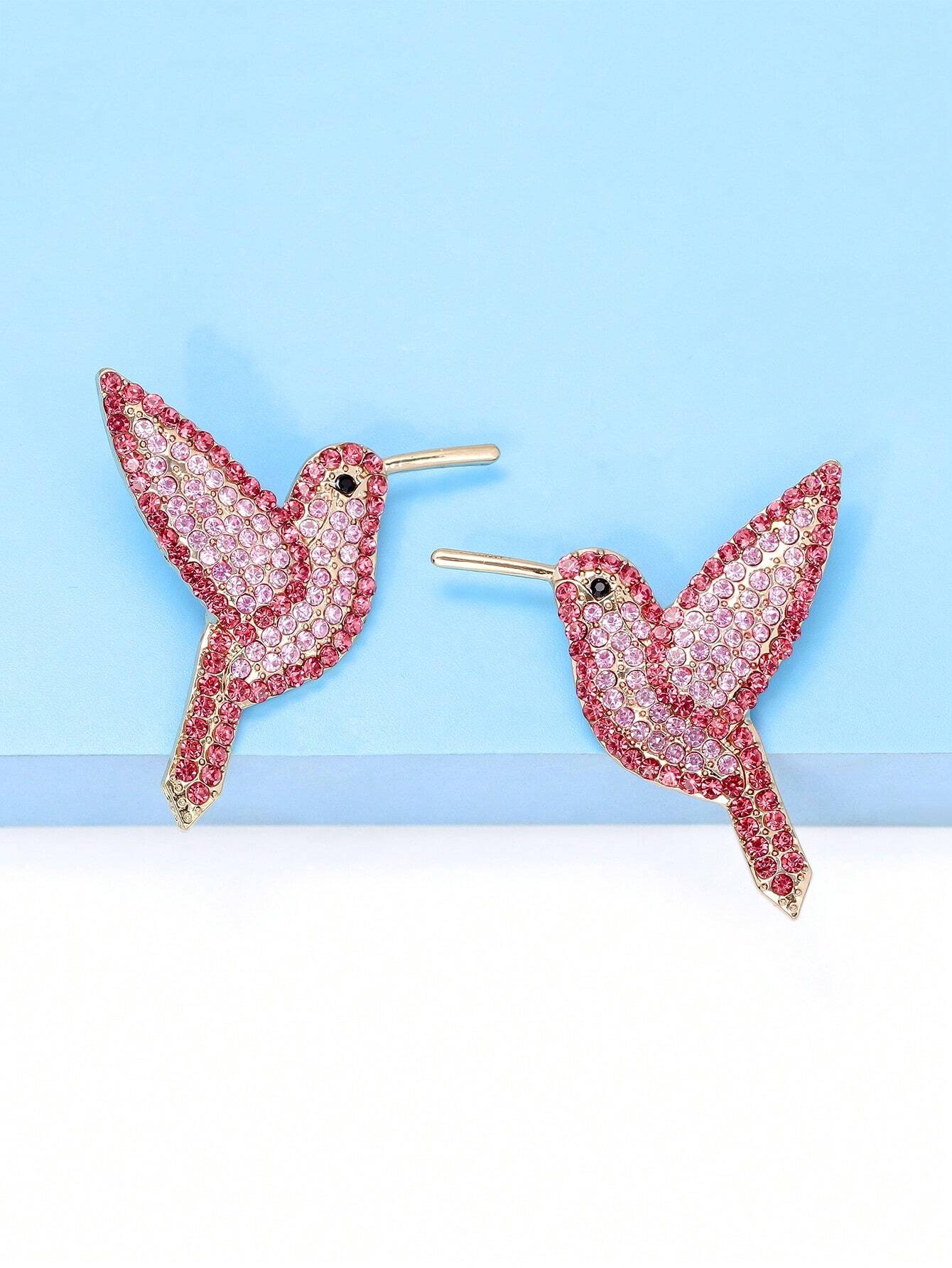 1pair Small Bird Shaped Rhinestone Earrings For Women, Cute Animal Design Fun Earrings