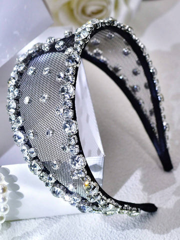 1pc Black Lace Headband With Mesh & Rhinestone Decoration