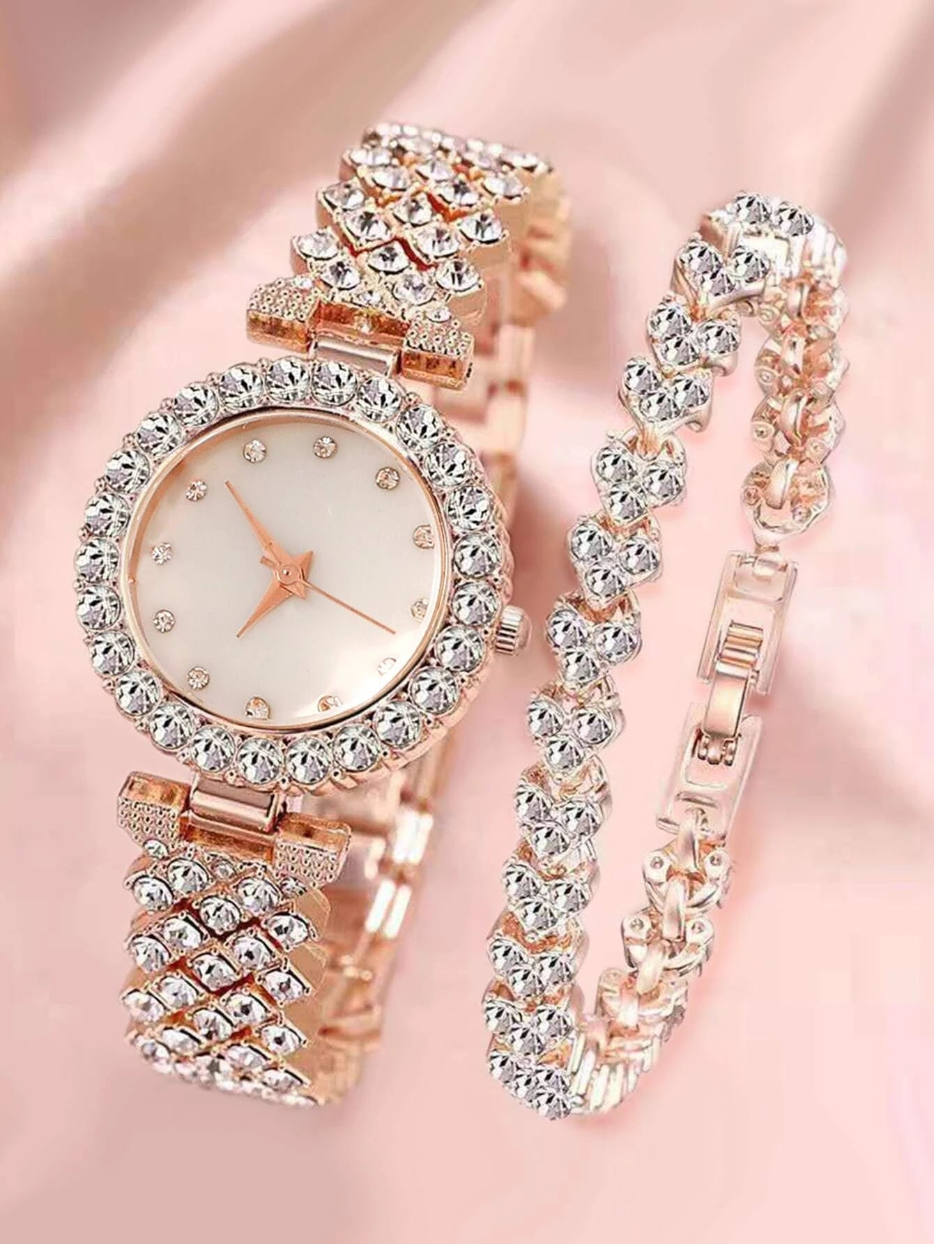 1pc Rhinestone Decor Quartz Watch & 1pc Bracelet