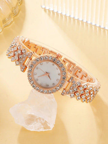 1pc Rhinestone Decor Quartz Watch & 1pc Bracelet