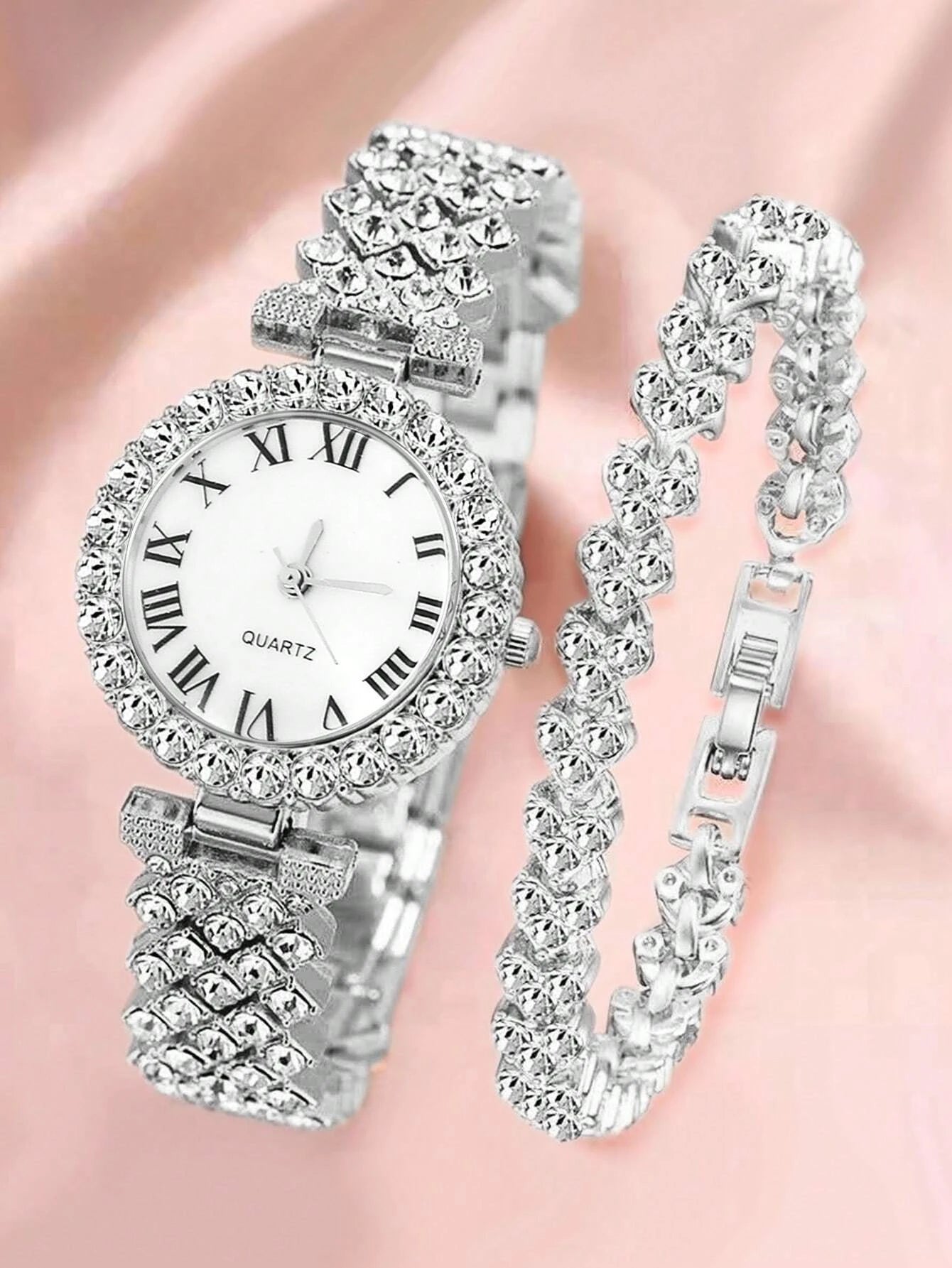 1pc Rhinestone Decor Quartz Watch & 1pc Bracelet