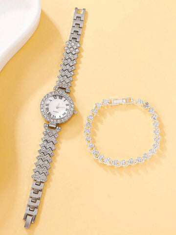 1pc Rhinestone Decor Quartz Watch & 1pc Bracelet