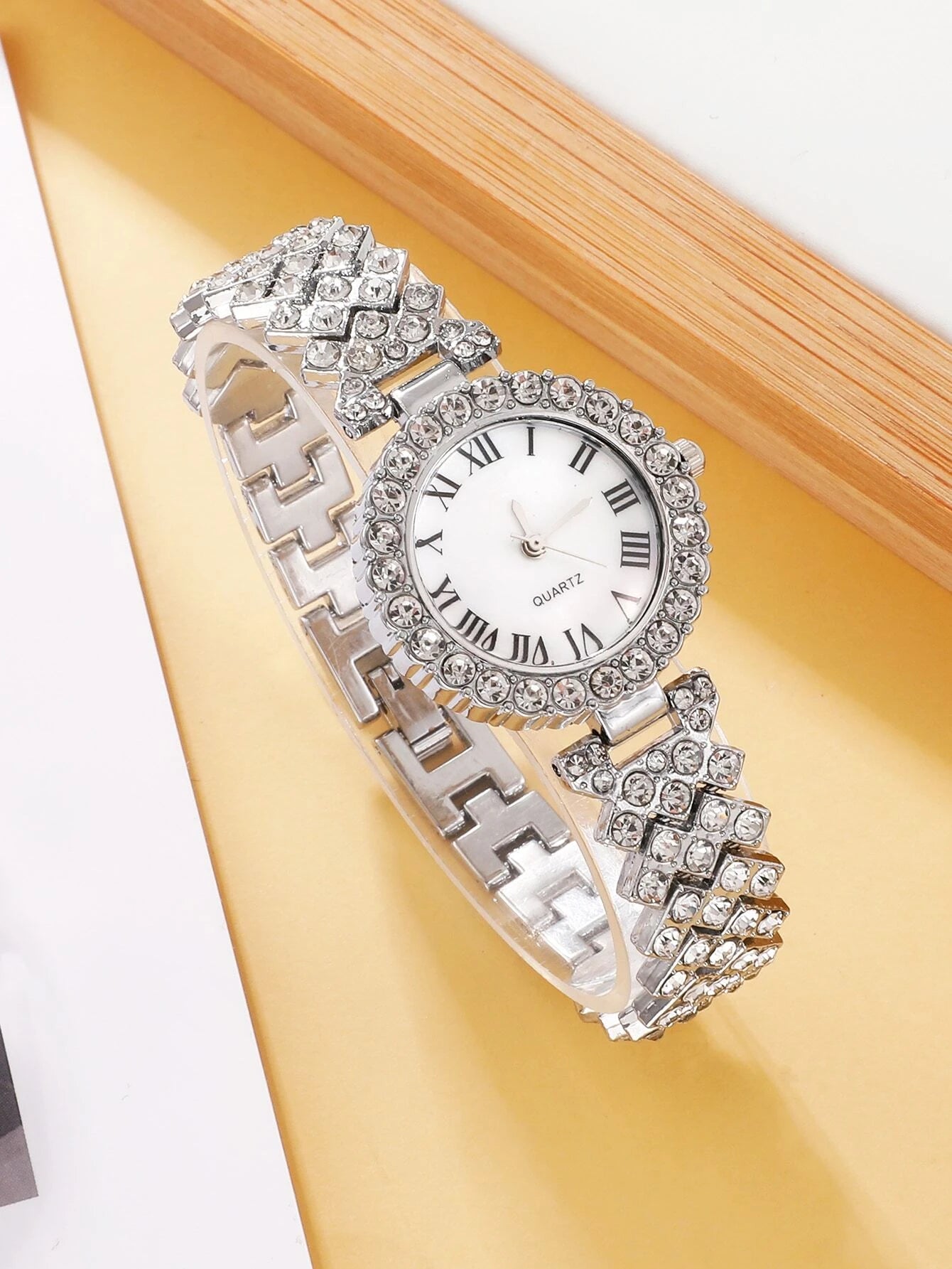 1pc Rhinestone Decor Quartz Watch & 1pc Bracelet