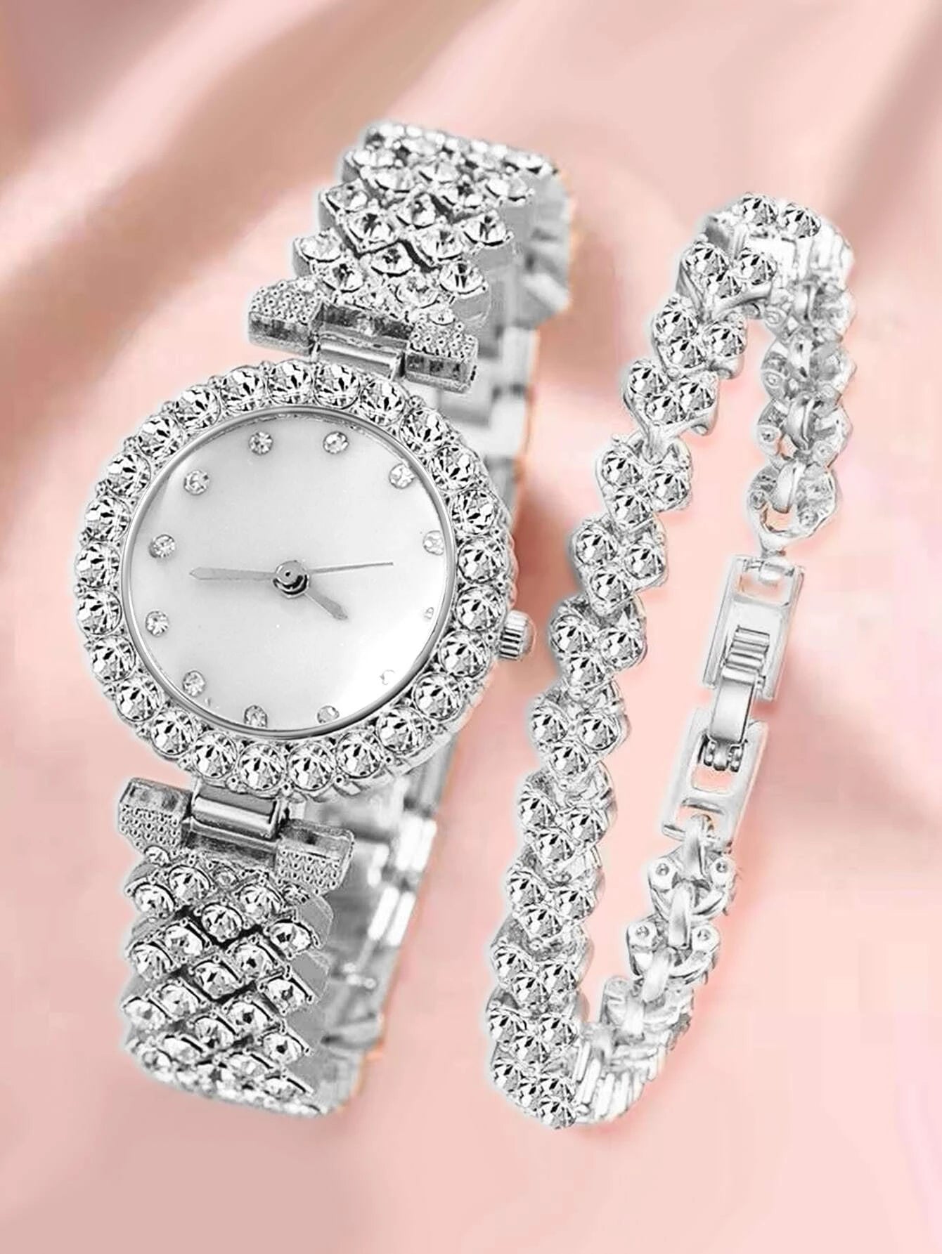 1pc Rhinestone Decor Quartz Watch & 1pc Bracelet