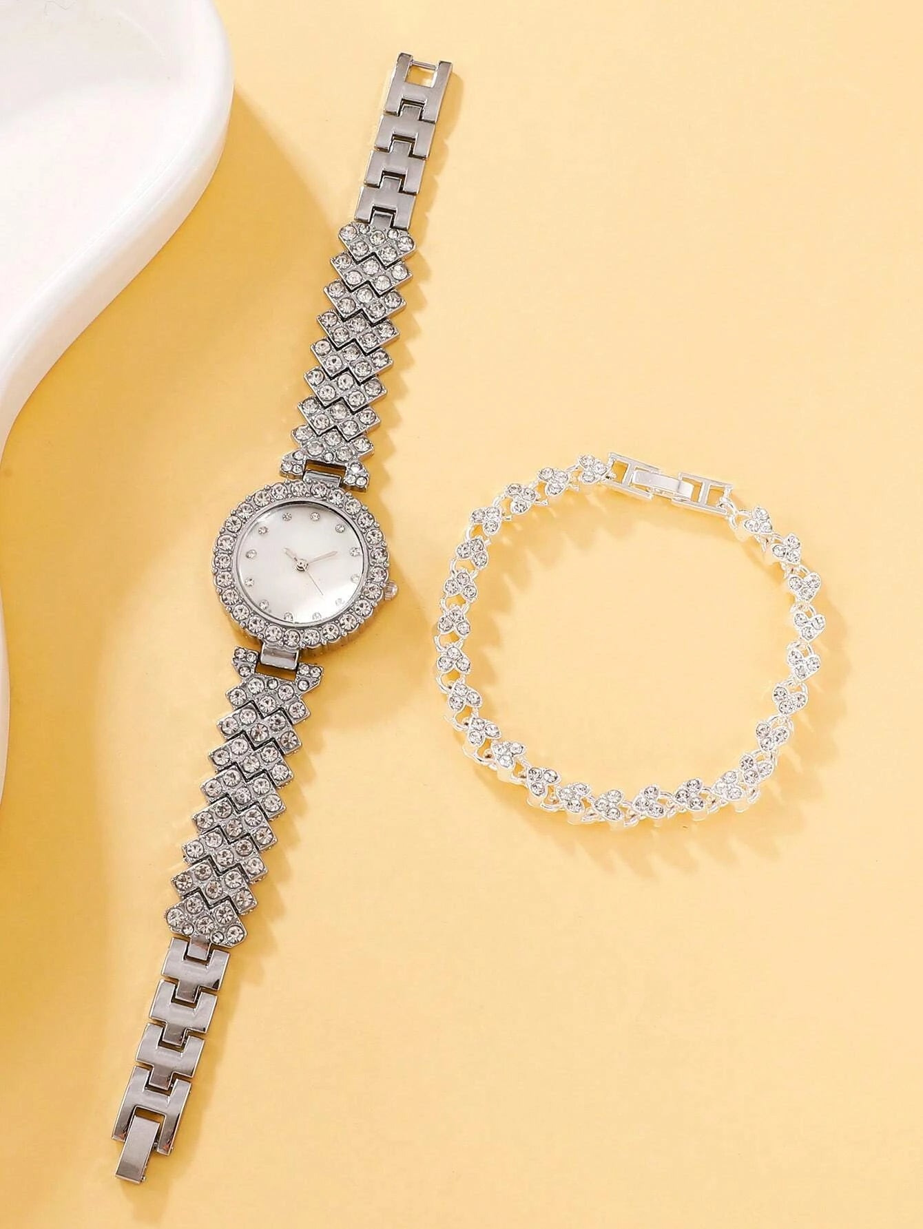 1pc Rhinestone Decor Quartz Watch & 1pc Bracelet