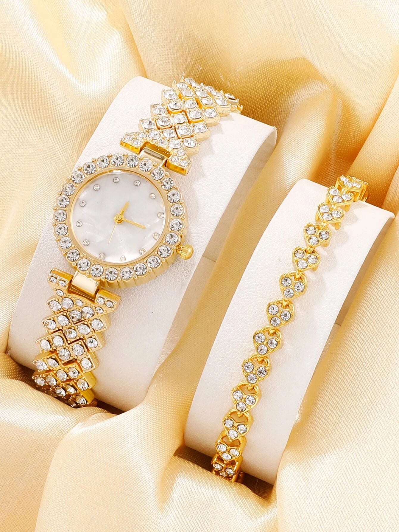 1pc Rhinestone Decor Quartz Watch & 1pc Bracelet