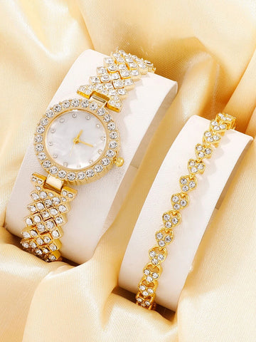 1pc Rhinestone Decor Quartz Watch & 1pc Bracelet