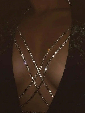 1pc Simple Crossed Layered Rhinestone Decor Beach Bikini Chest Chain