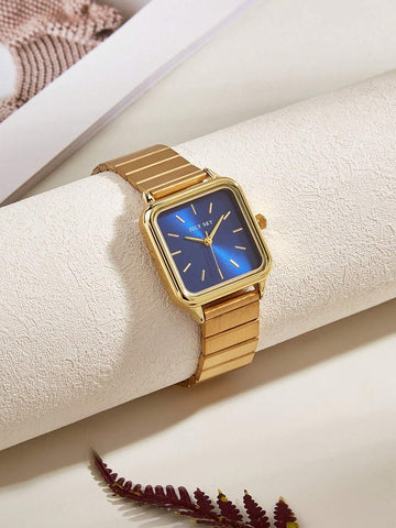 1pc Women's Gold Elegant Stainless Steel Strap Quartz Watch