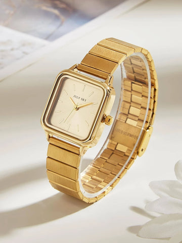 1pc Women's Gold Elegant Stainless Steel Strap Quartz Watch