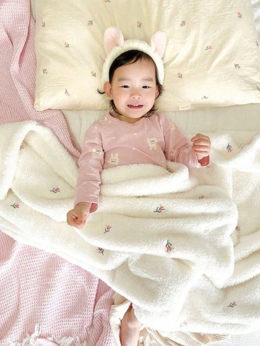 1pc Embroidered Baby Blanket, Infant Fleece Wrap Swaddle Blanket