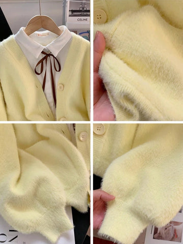 Elegant Faux Fur Collar Cardigan Sweater With Pockets