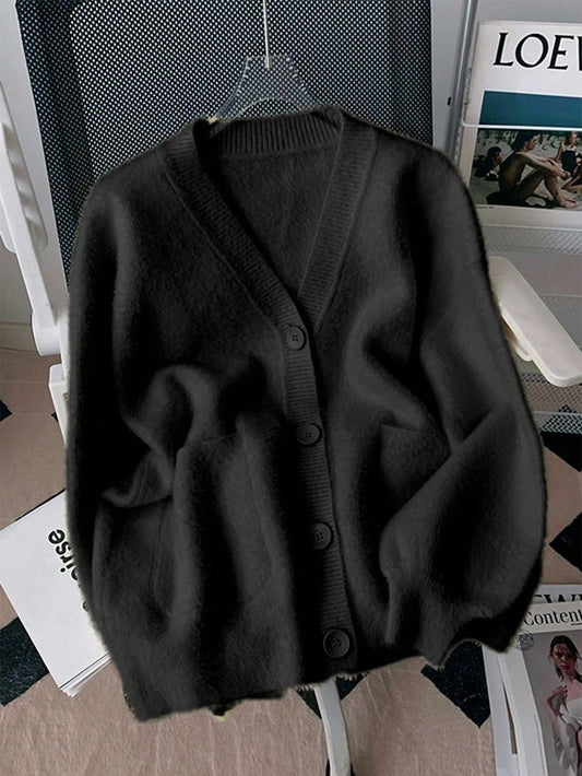 Elegant Faux Fur Collar Cardigan Sweater With Pockets