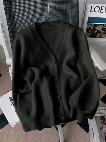 Elegant Faux Fur Collar Cardigan Sweater With Pockets