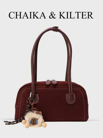 1pc Plain Color Suede-Like Fabric Shoulder Bag