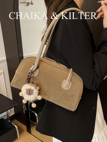 1pc Plain Color Suede-Like Fabric Shoulder Bag