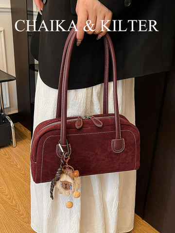 1pc Plain Color Suede-Like Fabric Shoulder Bag