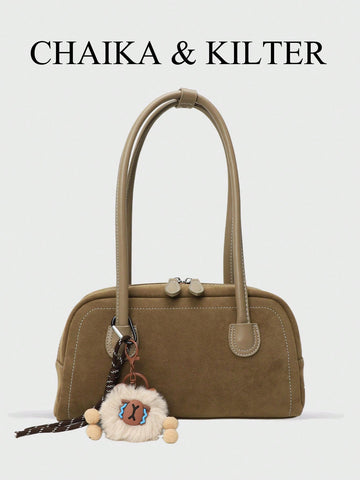 1pc Plain Color Suede-Like Fabric Shoulder Bag