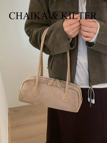 1pc Plain Color Suede-Like Fabric Shoulder Bag