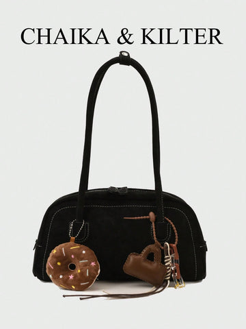 1pc Plain Color Suede-Like Fabric Shoulder Bag