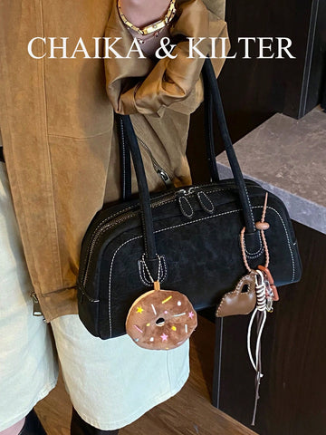 1pc Plain Color Suede-Like Fabric Shoulder Bag