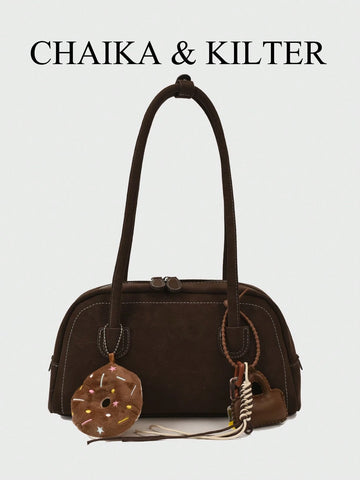 1pc Plain Color Suede-Like Fabric Shoulder Bag