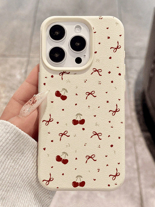 1pc Cherry Bow Pattern TPU Leather Texture Elegant Full Body Protective Phone Case